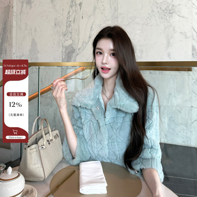 viola【晨雾蓝水貂】D*or今年Zui美色水貂定染进口菱格纹皮草外套