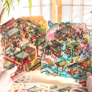 蘭山一梦造景3D立体堆叠造景贴纸中国风微缩场景小屋手工解压贴画