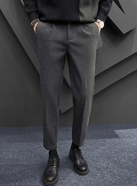 休闲西裤男高级感毛呢九分西装裤秋冬加厚直筒百搭韩版修身长裤子