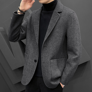 双面呢春秋季羊毛呢子大衣休闲西装男无羊绒人字纹西服短款外套厚