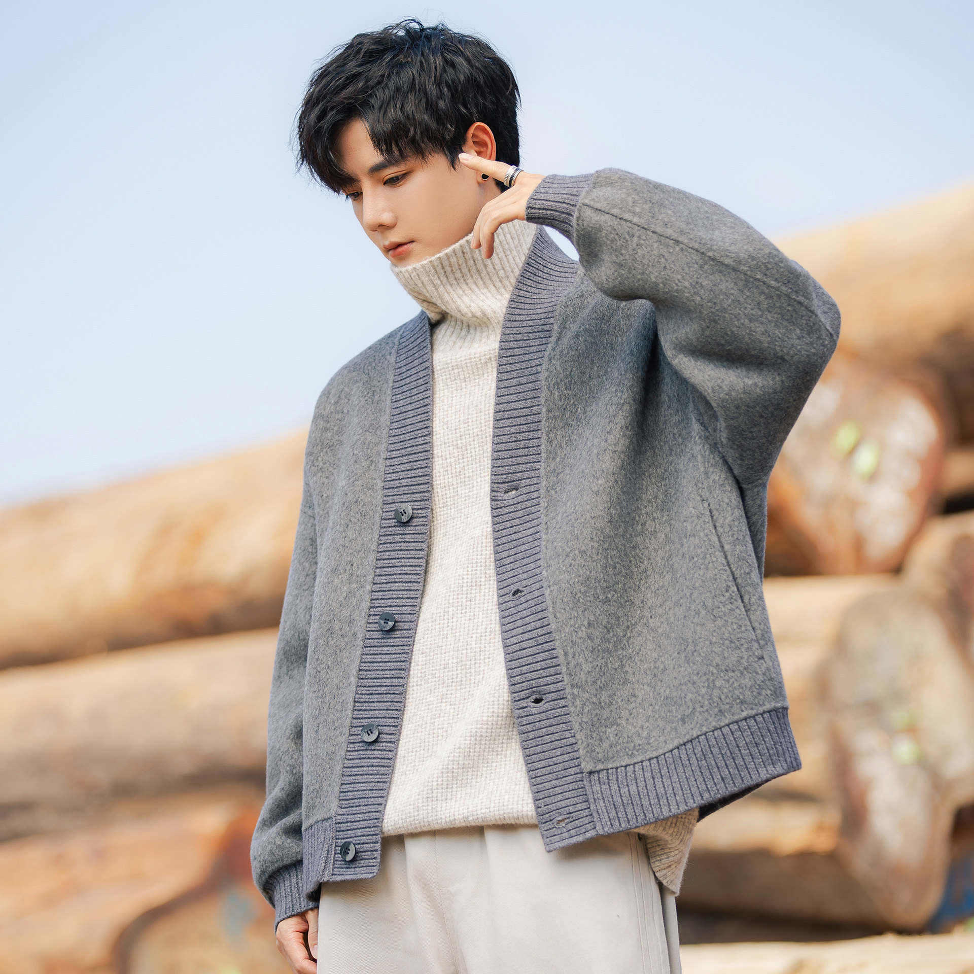 毛呢开衫男士短款呢子大衣2025新款道袍外套休闲高级感秋冬季上衣