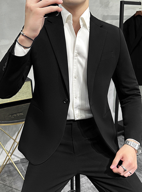 男士休闲痞帅小西装外套高级感商务修身黑色单西上衣结婚西服套装