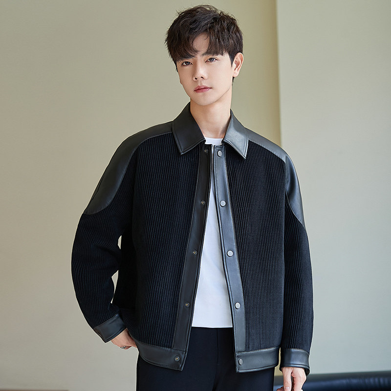 拼接翻领PU皮夹克男2024春秋季新款潮流痞帅宽松男装机车皮衣外套