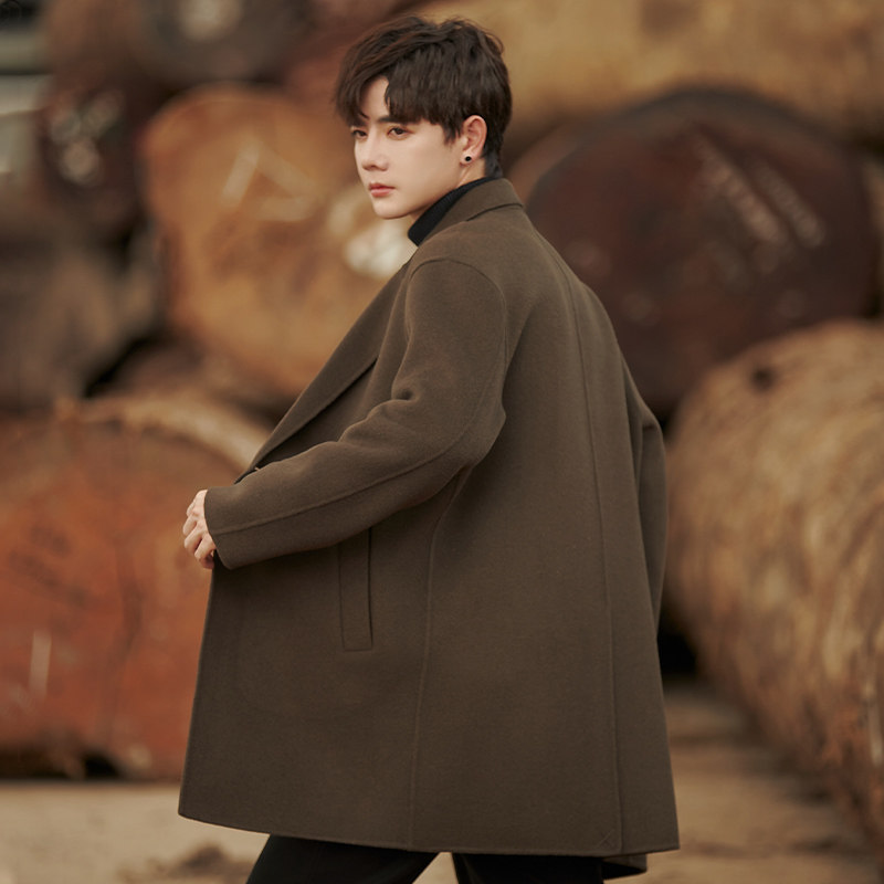 秋冬季男士双面羊毛呢大衣中长款韩版加厚双面呢子外套风衣短款潮