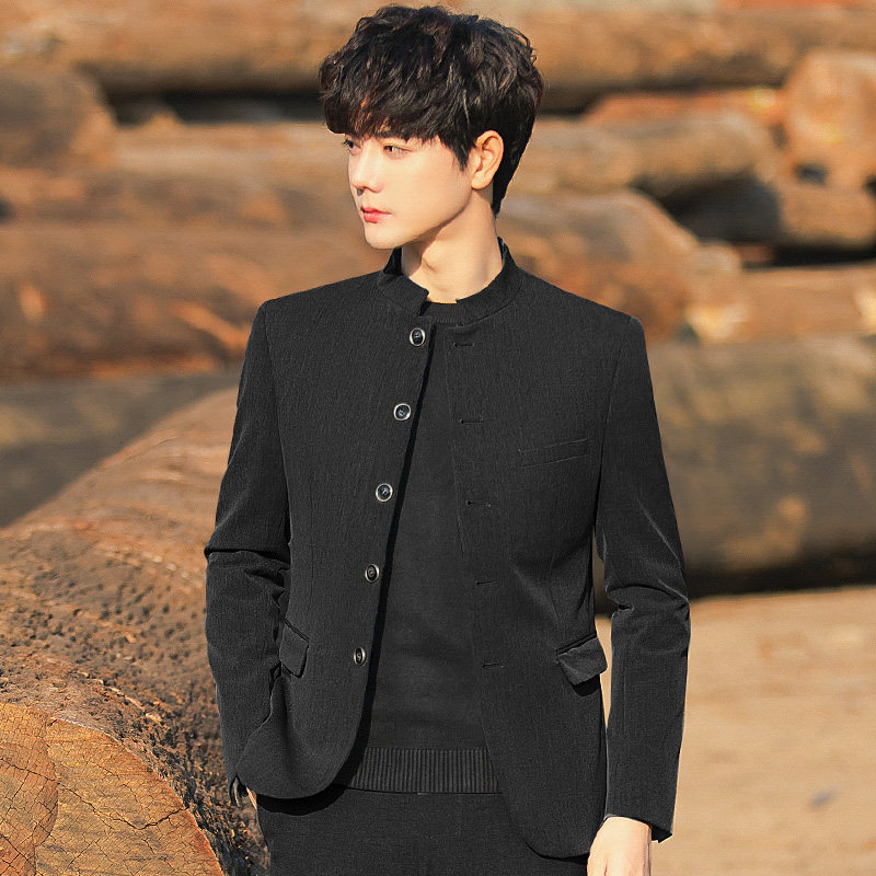 新式中山装男痞帅修身中国风立领唐装外套青年西服套装演出婚礼服