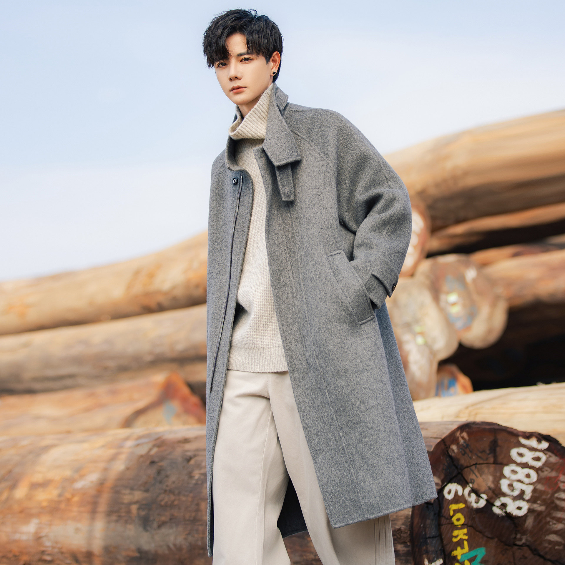 中长款毛呢灰色大衣男士2025年新款秋冬季风衣休闲宽松高级感外套,男装,毛呢大衣,淘宝优惠券,粉丝福利购,淘宝优惠卷