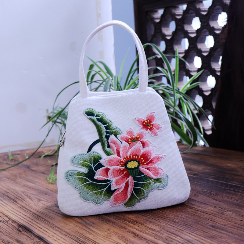 云南民族风手提荷花包绣花包女包棉麻双拉刺绣布艺小拎包