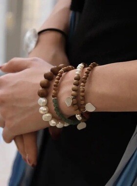 纯银S925拼接天然石木珠手串中古风东方美学檀香木珍珠玛瑙手链