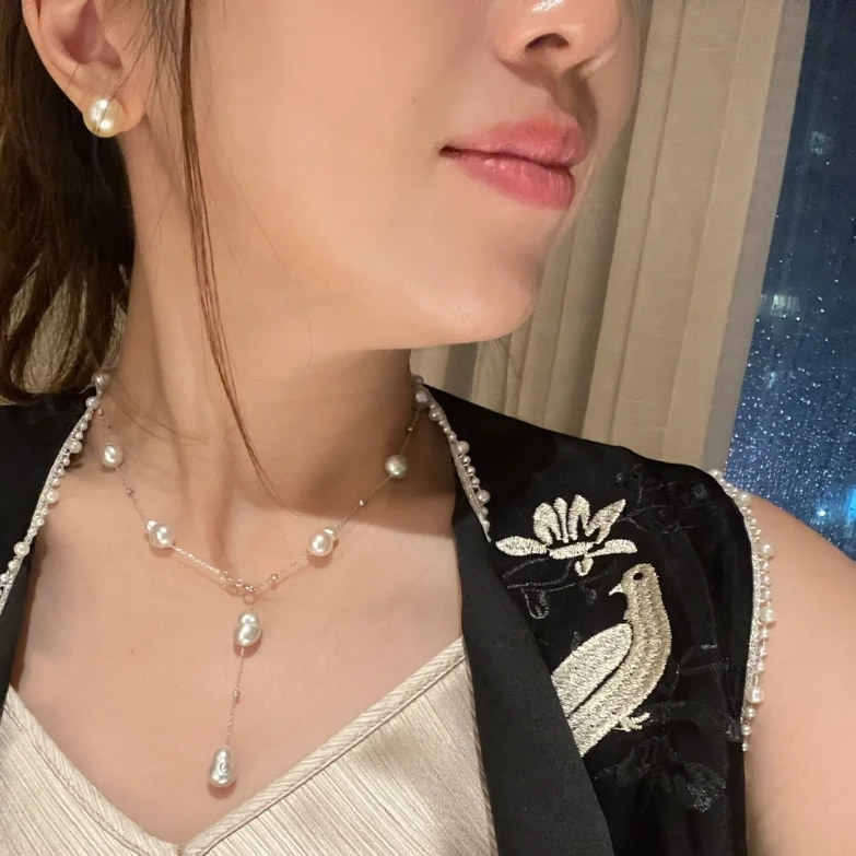 【清仓】天然淡水极光巴洛克珍珠项链S925纯银Y型显脖颈气质颈链