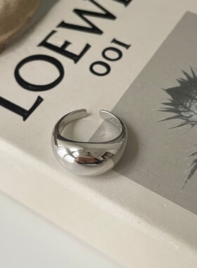 S925通体纯银戒指韩国极简冷淡风大光面椭圆开口食指指环素银指圈