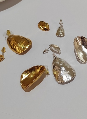 S925纯银针ABOA*小众设计不规则圆片耳环手工肌理冷淡风金属耳饰