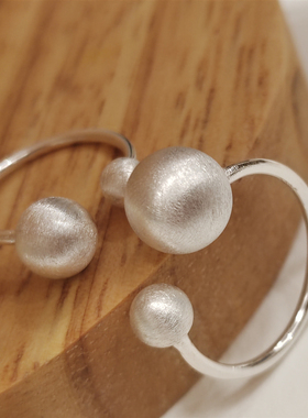 S925通体纯银拉丝圆球戒指简约小众设计感几何磨砂银球气质开口戒