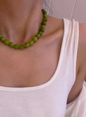 天然石绿色项链丹麦小众复古葡萄绿显白串珠锁骨链