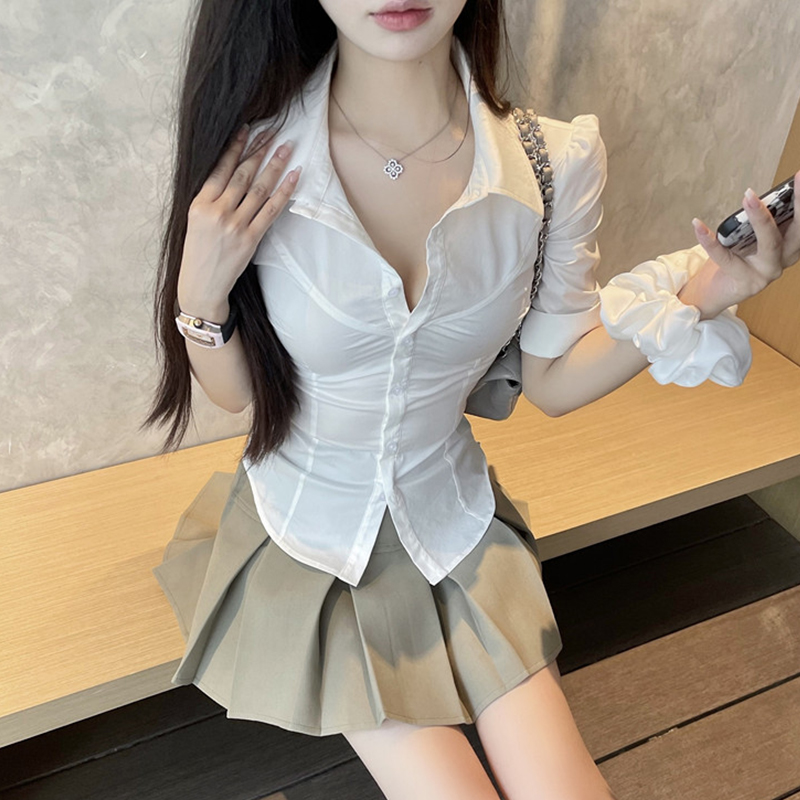 修身性感辣妹单排多扣短袖衬衫