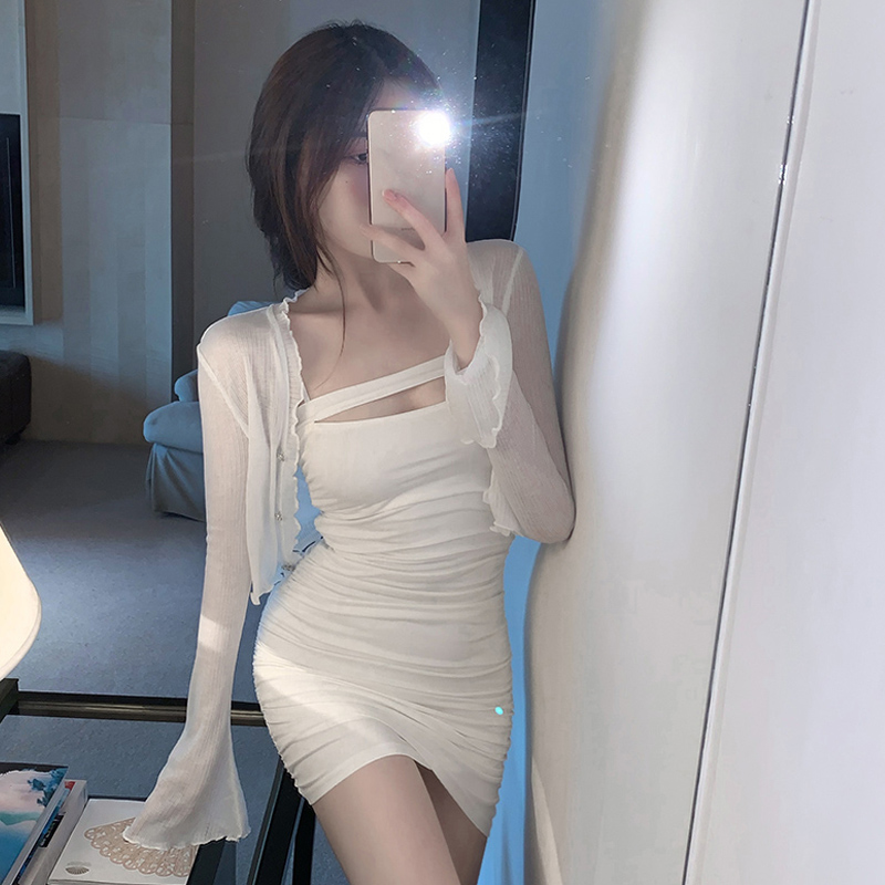 开衫吊带裙纯欲辣妹一字肩紧身包臀短裙轻熟性感抹胸连衣裙套装女