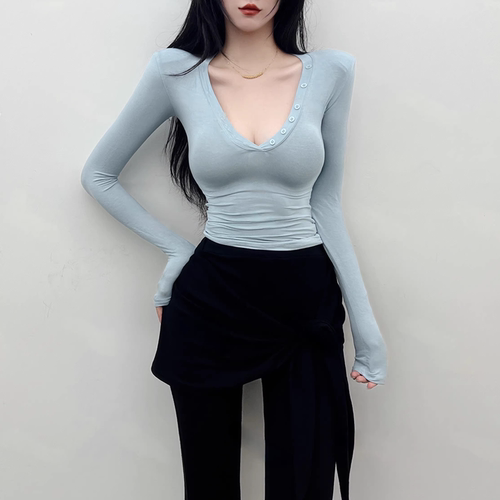 掐腰深V领掐腰紧身微透长袖T恤女