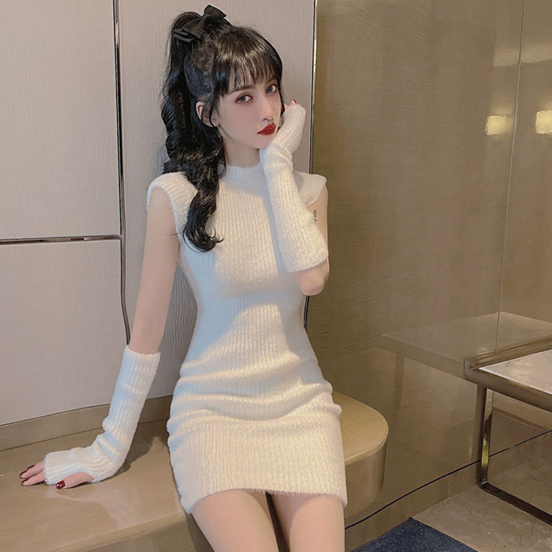 软糯甜辣妹性感紧身包臀短裙打底裙长袖内搭针织毛衣连衣裙女春季