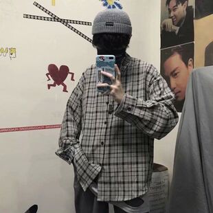 韩国ins春季新款复古衬衣原宿BF高街格子上衣宽松长袖衬衫男女款