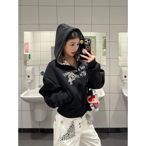 KOIISLE 美式复古豹纹拼接连帽开衫卫衣外套女秋季短款帽衫上衣潮