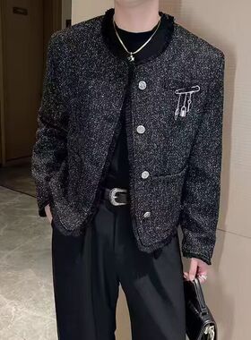 黑色短款小香风外套男2024秋冬新款高级感满天星 向佐同款