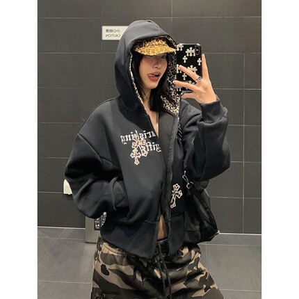 0713BDF 豹纹刺绣灰色卫衣开衫女美式复古2025秋季新款短款外套