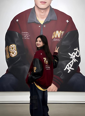 高街痞帅红色棒球服夹克男冬季潮牌夹棉刺绣外套美式休闲情侣上衣