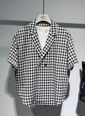 秋冬季新款千鸟格小西服男士潮流不规则设计感小香风短款西装外套