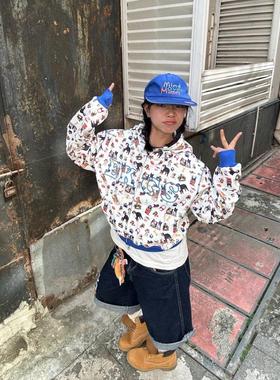 AONW美式复古宽松短款狗狗满印慵懒风连帽开衫卫衣女长袖外套上衣