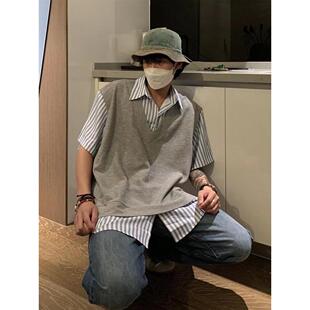 男羊毛衫V领宽松韩版潮流无袖背心慵懒风马甲毛衣学生时尚假两件