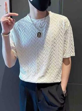 夏季新款男士短袖T恤纯色港风轻熟风商务宽松半袖翻领冰丝