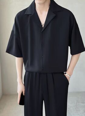 短袖衬衫男夏季新款港风宽松冰丝坠感衬衣大量现货