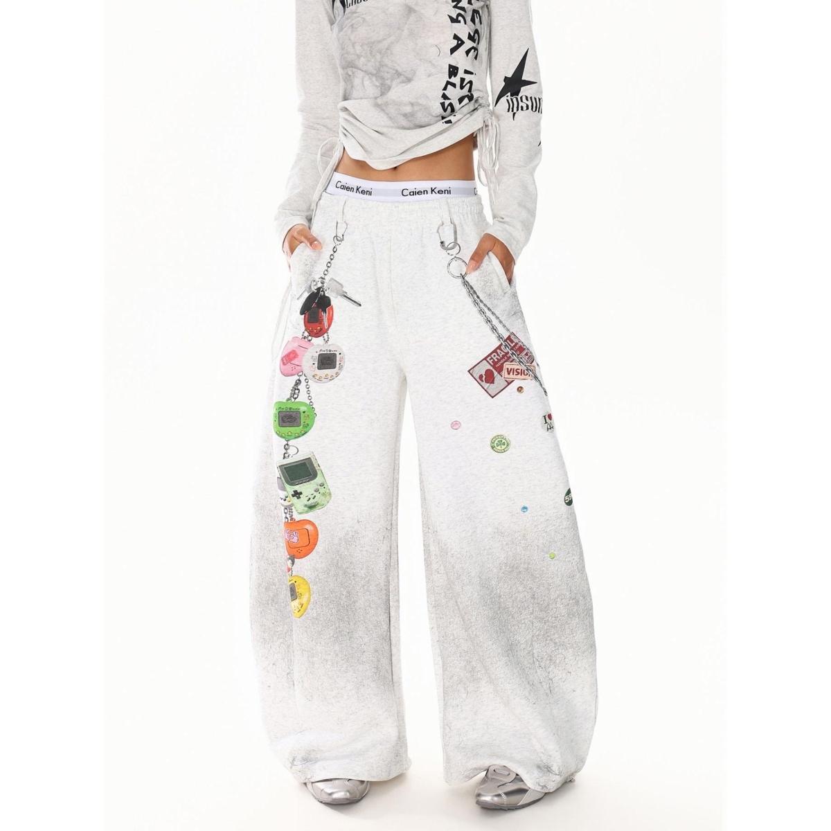 XPKAEAX复古潮流趣味印花脏染卫裤女2025年秋季新款宽松阔腿裤ins