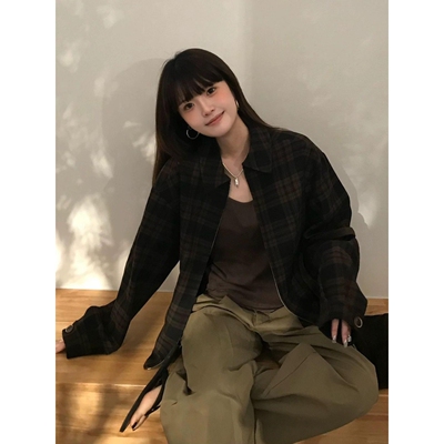 巴塞尔落日'夹克女棕黑格纹复古小众上衣早秋宽松工装外套