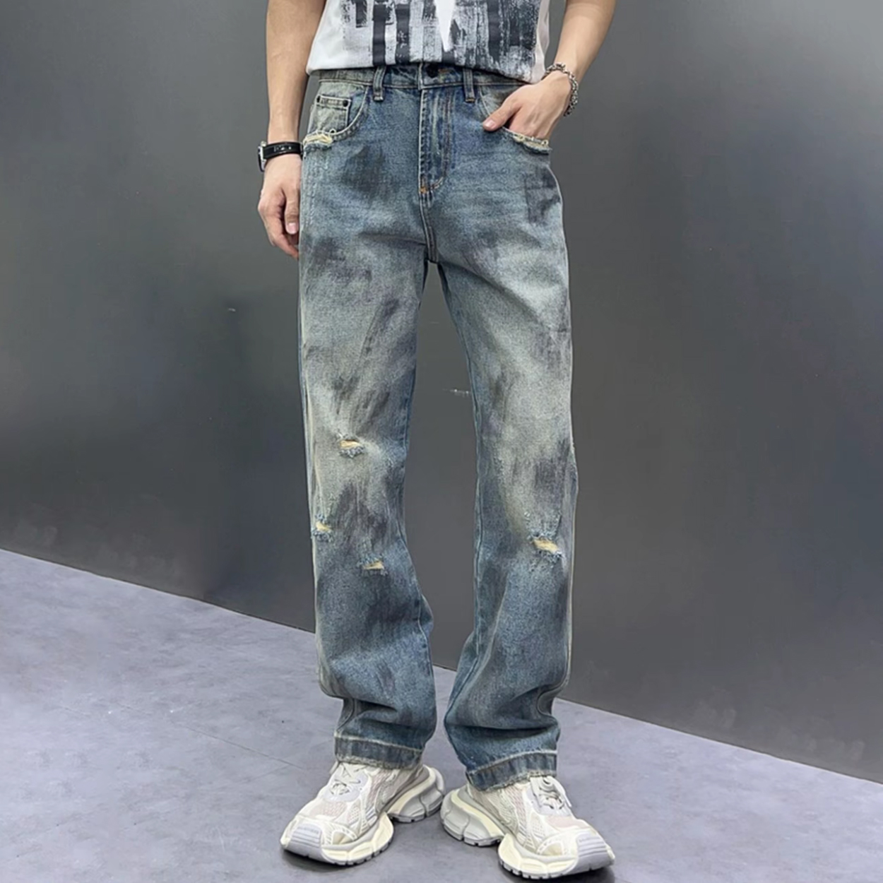破洞牛仔裤男春秋新款复古水洗做旧休闲长裤美式高街宽松直筒裤子