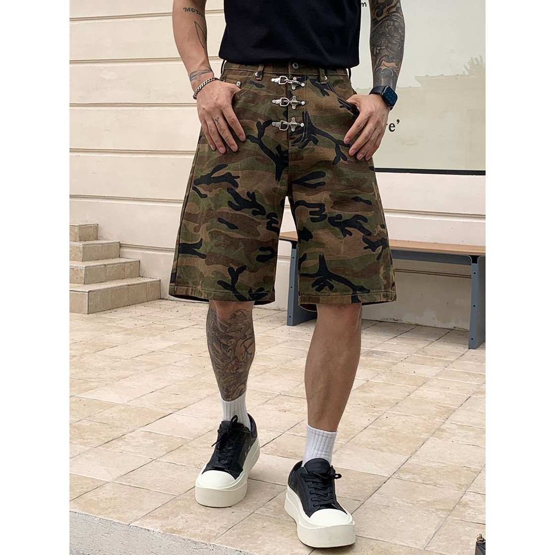美式复古飞机扣设计迷彩工装短裤男潮牌宽松直筒牛仔裤潮流五分裤