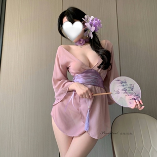 私房纯欲薄日式和服性感透视三点式情趣家居服雪纺睡裙女开襟浴袍