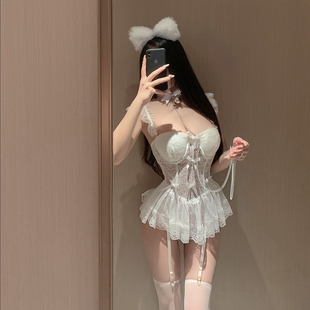 私房纯欲网纱鱼骨胸衣外穿性感蕾丝内衣套装 ****小胸聚拢钢托睡裙