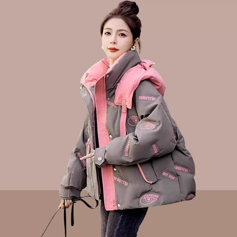 连帽短款羽绒服独特印花加厚外套
