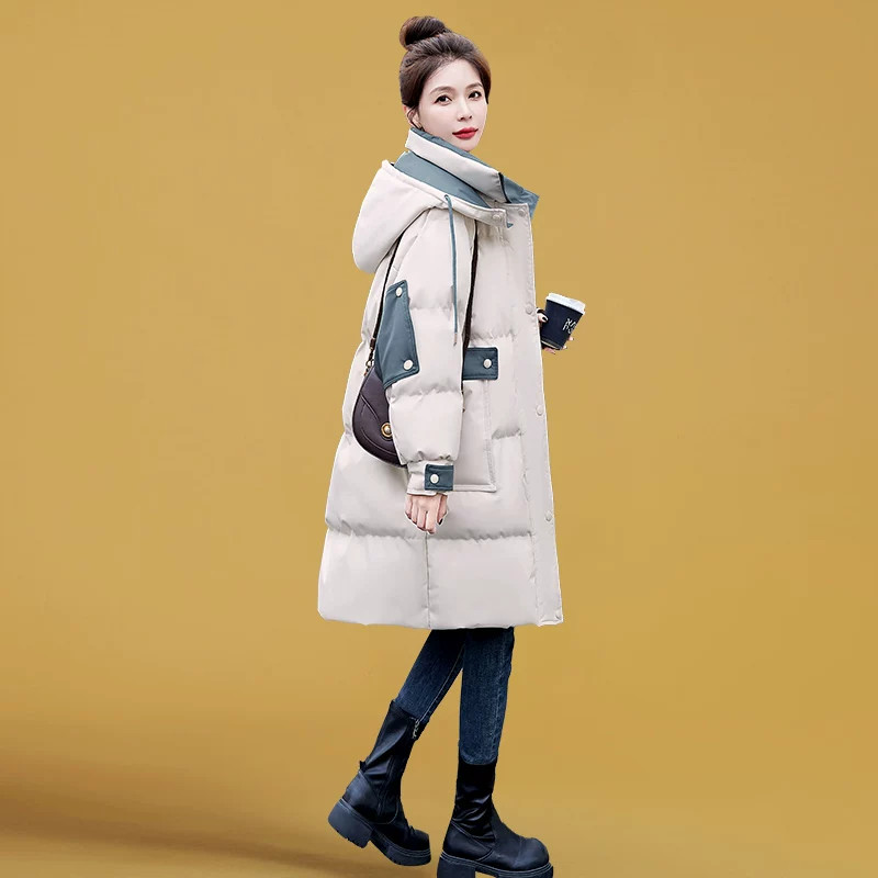 羽绒服外套女保暖中长款连帽拼色