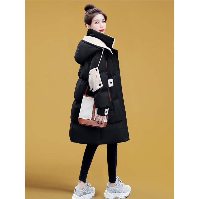羽绒服外套女冬季中长款连帽拼色