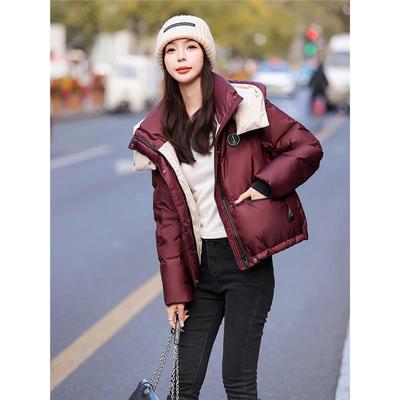 撞色绗缝羽绒服女短款冬季面包服