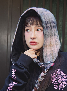 XOTIC官方 拉绒格子连帽头巾冬季新品原创日系户外保暖遮耳ins风