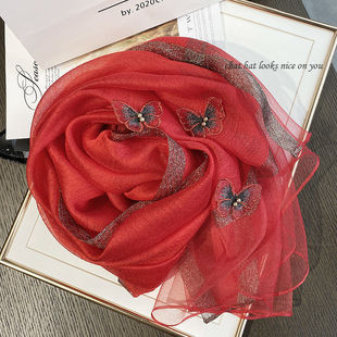 新款丝巾围巾薄款女披巾蝴蝶刺绣真丝羊毛红色纱巾春秋洋气长围脖