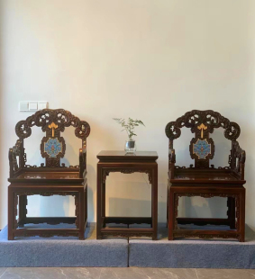 天香倾城 老挝大红酸枝西番莲扶手椅3件套交趾黄檀太师椅红木家具