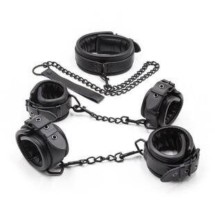Bdsm Colla Black Leather 3pcs Restraints Set Genuine Bondage