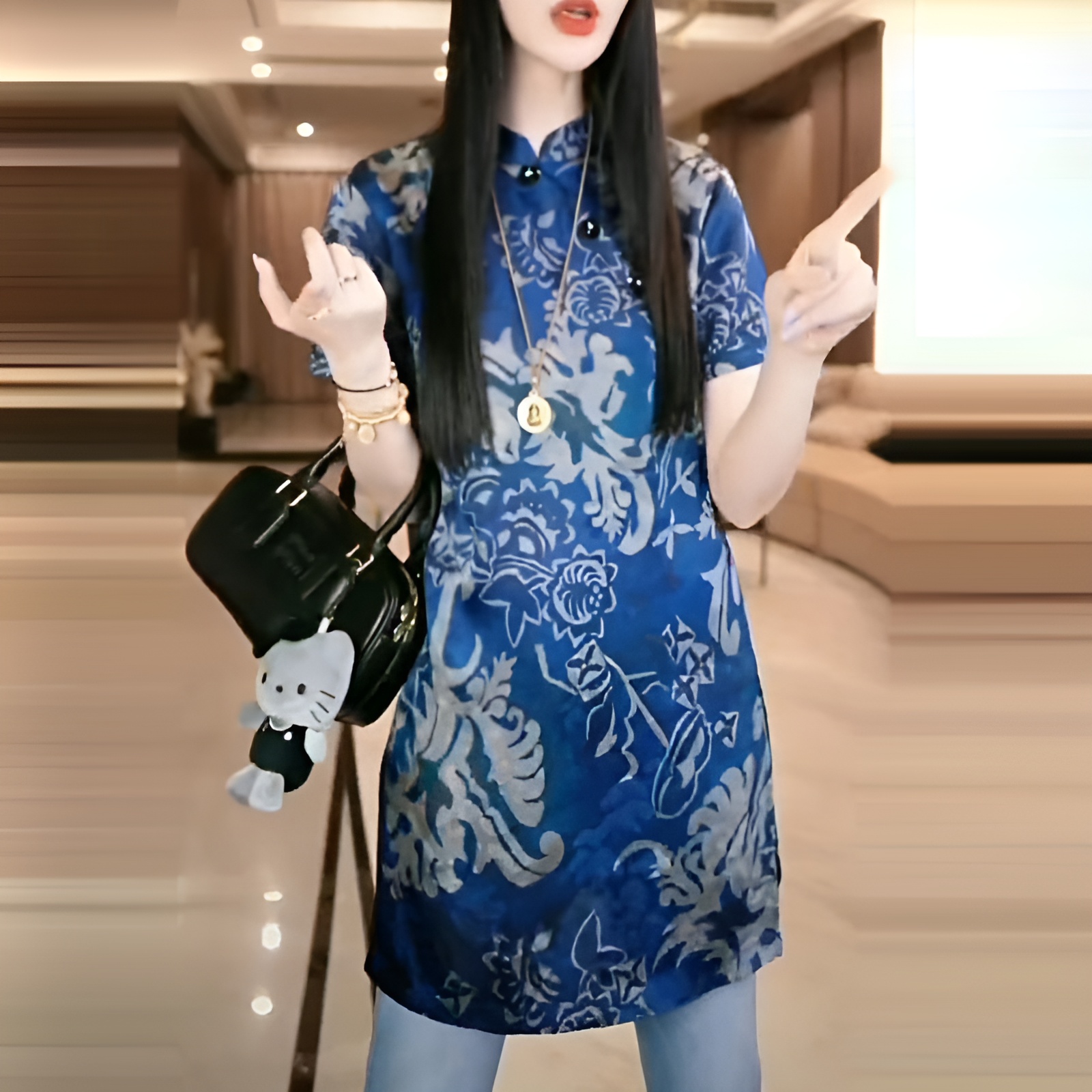 蓝色国风印花短袖旗袍衬衫女士夏季斜襟复古时尚小衫遮肉显瘦上衣