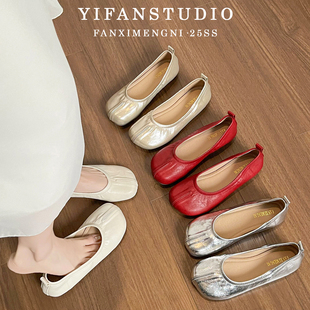 羊皮版~浅口银色单鞋女2025新款芭蕾舞玛丽珍平底鞋假分趾猪蹄鞋