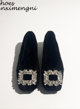 法式水钻浅口单鞋女2025新款秋冬加绒毛毛鞋子百搭黑色玛丽珍女鞋