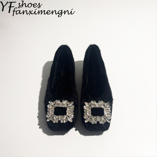 法式水钻浅口单鞋女2025新款秋冬加绒毛毛鞋子百搭黑色玛丽珍女鞋