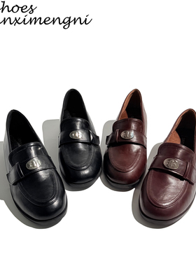 真皮加绒英伦风乐福鞋女2025新款秋冬学院一脚蹬粗跟棕色小皮鞋女